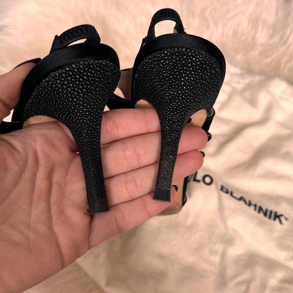 Manolo Blahnik Black Satin and Crystal Embellished Heels T-strap slingback pumps - Picture 9 of 15